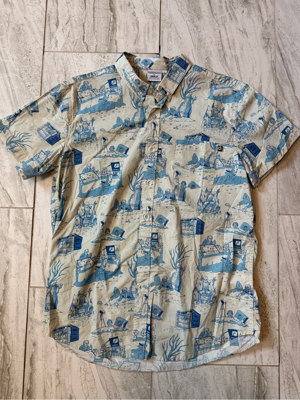 Creepshow Cream Short-Sleeve Button-Up Shirt with Blue Nautical Print